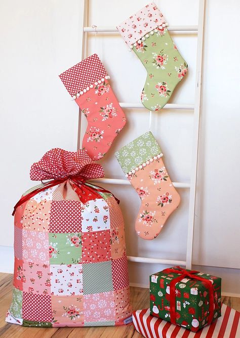 Make This Large Patchwork Gift Bag in Two Sizes - Quilting Digest Santa Sack Pattern, Sewing For Christmas, Stocking Patterns, Santa Sacks, Table Quilts, Stocking Pattern, Santa Sack, Patchwork Pillow, Christmas Bundle