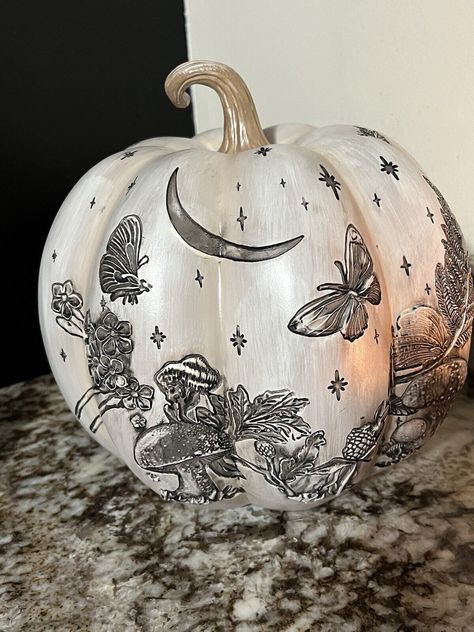 Fall Pumpkin Etched w/fairy Garden Mushrooms Butterfly 10” Halloween Prim Decor  | eBay Pumpkin Etching Ideas, White Pumpkins Painted, Halloween Butterflies, Lace Pumpkins, Pumpkin Etching, Mushroom Pumpkin, Pumpkin Inspo, Pumpkin Paint, Fairy Garden Mushrooms