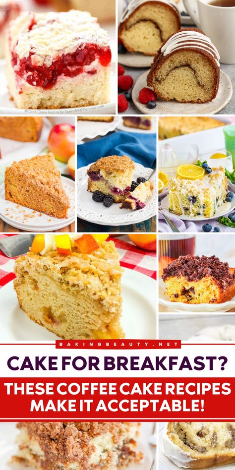 Whether you're looking for something to satisfy your cravings or are just looking for some sweet comfort food, these easy dessert recipes are here for you. Have a taste of these moist variations of coffee cake, blackberry, cinnamon, and others! Fruit Filled Coffee Cake, Easy Coffee Cake Recipes With Box Cake, Breakfast Cakes Easy, Easy Poke Cakes, Cake Mix Coffee Cake, Cake Blackberry, Coffee Cake Muffin Recipes, Pecan Coffee Cake, Breakfast Coffee Cake