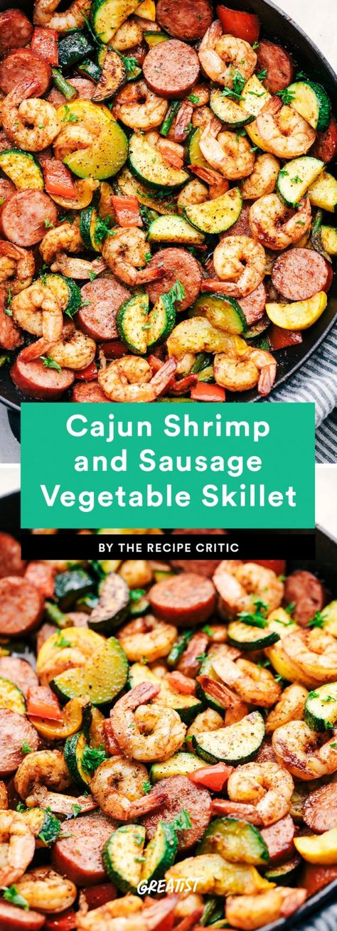 Another reason we love these little crustaceans: They taste great served with other proteins. Take this Cajun Shrimp and Sausage Vegetable Skillet, which is packed with protein, flavor, and loads of veggies. The soft texture and flavor of shrimp pairs perfectly with meaty sausage, and the combo ensures that there's plenty of protein in each and every bite. Other great veggies to add: onions, snap peas, and halved tomatoes. Cajun Shrimp And Sausage, Vegetable Skillet, Low Carb Shrimp Recipes, Shrimp And Sausage, Cajun Shrimp, Diet Keto, Sausage Recipes, Steak Recipes, Shrimp Recipes