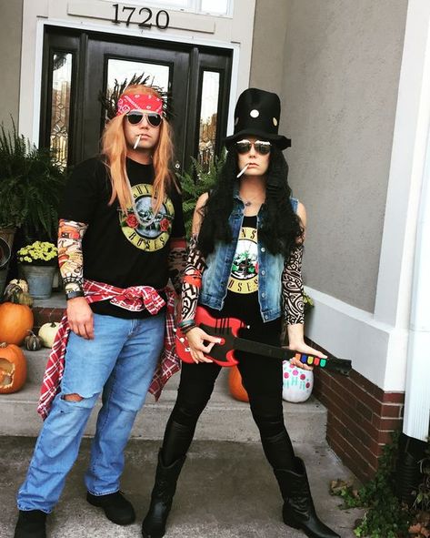 Guns-N-Roses Halloween couple costume. 80s costume ideas Sigfried And Roy Costume, Slash And Axl Costume Halloween Couples, All Rose And Slash Costume, 80s Band Costume Halloween, Rock Halloween Costumes Couples, 80s Rock Halloween Costumes, Glam Rock Halloween Costume, 80s Rocker Couple Costume, Rockstars Halloween Costume