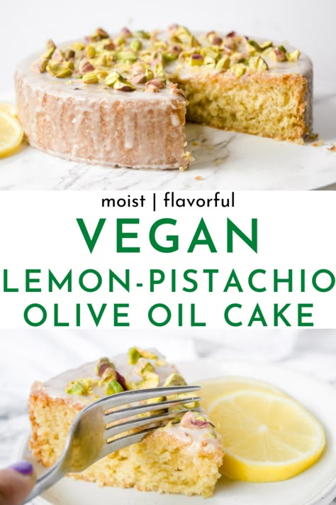 Lemon Olive Oil Cake Vegan, Eggless Olive Oil Cake, Vegan Cake Box Recipes, Vegan Citrus Cake, Lemon Pistachio Olive Oil Cake, Pistachio Vegan Recipes, Healthy Olive Oil Cake, Pistachio Cake Vegan, Halloween Treats Vegan