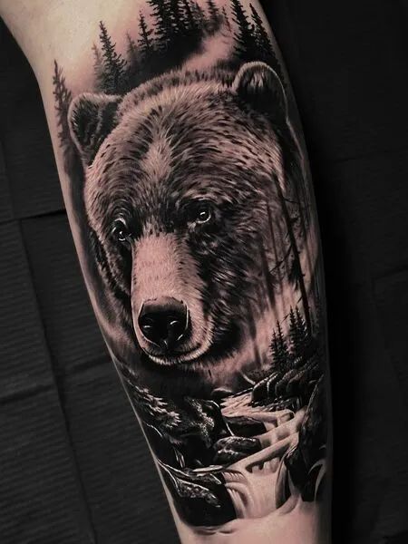 Bear Tattoo Black Bear Tattoo, Grizzly Bear Tattoos, Bear Claw Tattoo, Bear Tattoo Designs, Angry Bear, Bear Tattoos, Bear Tattoo, World Tattoo, Mountain Tattoo