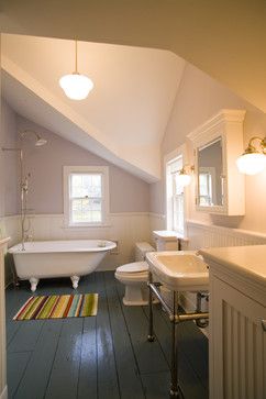 Painted Wood Floors Bathroom, Painted Bathroom Floors Wood, Painted Wood Bathroom Floor, Painted Attic Floor, Eaves Bathroom, Schoolhouse Bathroom, Dixon Architect, Attic Bathrooms, Bathroom Victorian