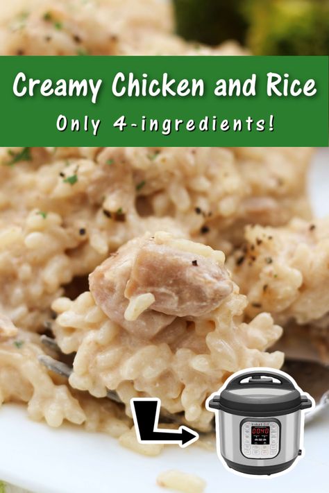 4-ingredient, dump and go chicken and rice made fast in your Instant Pot. Chicken And Rice In Instant Pot, Chicken And Rice Insta Pot, Instapot Recipes For Two, Ip Chicken And Rice, Few Ingredient Instant Pot Meals, Dump Meals Instant Pot, Instapot Chicken And Rice, 3 Ingredient Instant Pot Recipes, Creamy Chicken And Rice Instant Pot Recipes