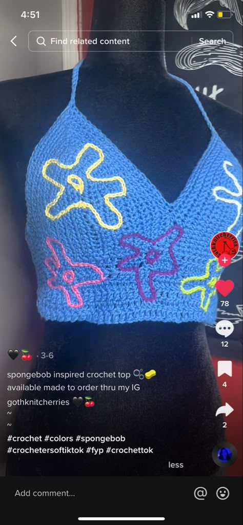 Spongebob Crochet, Crochet Spongebob, Crochet Crop Top Outfit, Flower Crochet Top, Pride Crochet, Loki Drawing, Crochet Bikinis, Beginning Crochet, Crochet For Beginners Blanket