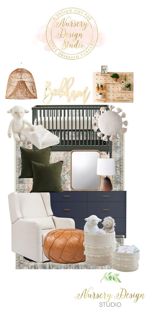 We've got a really pretty olive and navy nursery design to share that's gender neutral and would look awesome as either a girls' nursery or a boys' nursery. Black Crib Nursery Ideas Girl, Nursery Design Board, Black Crib, Beige Nursery, Luxury Nursery, Navy Nursery, Outdoor Nursery, Nursery Dresser, Kid Bedroom