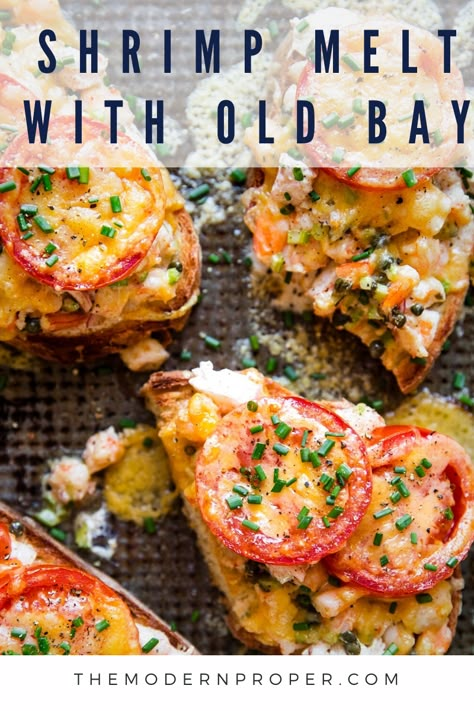 Shrimp Melt with Capers and Old Bay Seasoning by The Modern Proper || Shrimp melts are everything you love about tuna melts, but better because—duh—they’re made with shrimp. And capers. And Old Bay seasoning. Seafood Melt Sandwich, Shrimp Melt Sandwich, Old Bay Recipes Dinners, Recipes With Old Bay Seasoning, Old Bay Seasoning Recipe Dishes, Bay Shrimp Recipes, Shrimp Melt, Old Bay Recipes, Salmon And Scallops