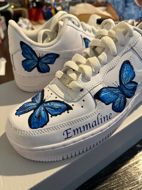 Step into a world of fluttering beauty with our hand-painted blue butterfly sneakers! 🦋✨ Embrace the enchantment and make a statement with these popular and vibrant kicks. . . Get yours exclusively at madalice.com.au and let your style take flight!..#butterfly #customshoes #bluebutterflies #flutter Butterfly Sneakers, Shoe Designs, The Enchantments, Blue Butterfly, Custom Shoes, A World, Enchanted, Designer Shoes, Your Style