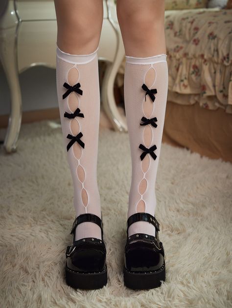 Romwe Sweetness, Kawaii Moodboard, Coquette Socks, Kawaii Stockings, Gothic Socks, Bow Socks, Over The Calf Socks, Pretty Shoes Sneakers, Bow Decor