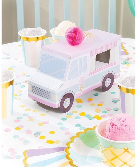 "Everyone will scream with joy when they see the Ice Cream Party Centerpiece.  These paper centerpieces measure 9. 25\" x 6. 25\" and are shaped like an ice cream truck and feature a multicolor pastel theme.  Sold individually, these paper centerpieces coordinate with all Ice Cream Party party supplies. 1 Ice Cream Party Centerpiece. Centerpiece measures 9. 25\" x 6. 25\". Paper centerpiece for party decorations. Perfect for birthday parties. Coordinates with all other Ice Cream Party party supp Truck Party Decorations, Ice Cream Social Party, Paper Centerpieces, Ice Cream Party Theme, Ice Cream Party Decorations, Ice Cream Decorations, Cream Decor, Honeycomb Decorations, Ice Cream Birthday Party