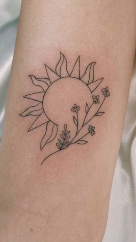 Sun Tattoo Ideas, Sunrise Tattoo, Boho Tattoos, Cool Arm Tattoos, Vine Tattoos, Sun Tattoos, Plant Tattoo, Sunflower Tattoos, Stories To Tell