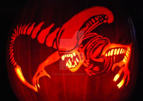 Alien Pumpkin by Naitachal666 on DeviantArt Alien Pumpkin, Halloween Pumpkins Carvings Designs, Pumpkin Carving Contest, Creative Pumpkin Carving, Amazing Pumpkin Carving, Pumpkin Carving Designs, Halloween Pumpkin Designs, Pumpkin Carving Patterns, Pumpkin Carvings Stencils