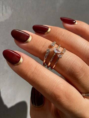 Burgundy Half Moon Nails, Red Nail Gold Tip, Maroon Nails Wedding, Red And Gold Fall Nails, Burgundy Nails Gold Accent, Half Nails Design, Half Moon Manicure Short Nails, Gold And Maroon Nails, Red With Gold Nails