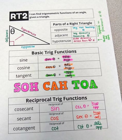 I created these SOH CAH TOA notes for my Pre-Calculus students a few years ago to review how to find the trigonometric functions of an angle, given a triangle. Soh Cah Toa, Calculus Notes, Notes Math, Pre Calculus, Geometry Activities, Trigonometric Functions, Right Triangle, Algebra 2, Algebra 1