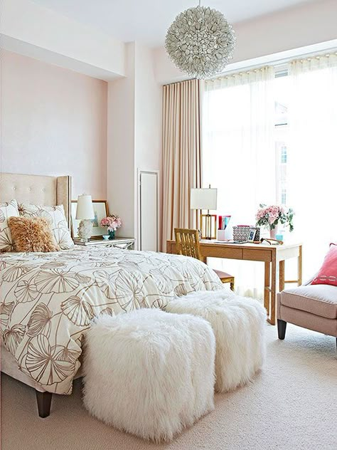 A combination of soft pastels and calming neutrals makes this bedroom a relaxing retreat. Infusing the space with a variety of textures, like the foot-of-the-bed stools and the dimensional chandelier, ensures the neutral space looks anything but dull! http://www.bhg.com/rooms/bedroom/master-bedroom/beautiful-boudoirs/?socsrc=bhgpin010415subtlebeautyroom&page=16 Rose Gold Bedroom, Chic Bedroom Design, Neutral Bedrooms, Feminine Bedroom, Gift Bag Ideas, Decor Ikea, Gold Bedroom, Adult Bedroom, Pink Bedrooms