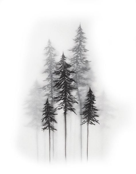 Pnw Tree Tattoo, Misty Forest Tattoo, Pine Tree Silhouette Tattoo, Foggy Forest Tattoo, Black And White Tree Tattoo, Foggy Tattoo, Pnw Tattoo Ideas, Forest Creature Tattoo, Fine Line Forest Tattoo