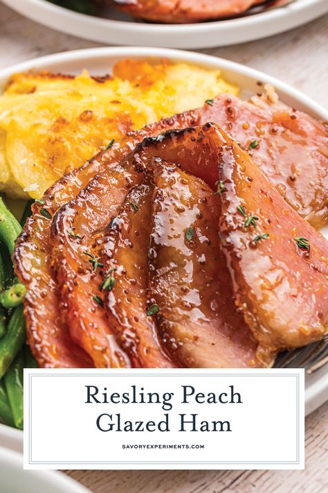 This Riesling Peach Glazed Ham is a beautifully caramelized baked ham with a peach brown sugar glaze. Feeds a crowd & easy to make! How To Glaze A Ham, Peach Glazed Ham, Peach Bourbon Glazed Ham, Brown Sugar Peaches, Ham Glaze Brown Sugar, Fancy Dinner Recipes, Easter Food Appetizers, Peach Salad, Ham Glaze