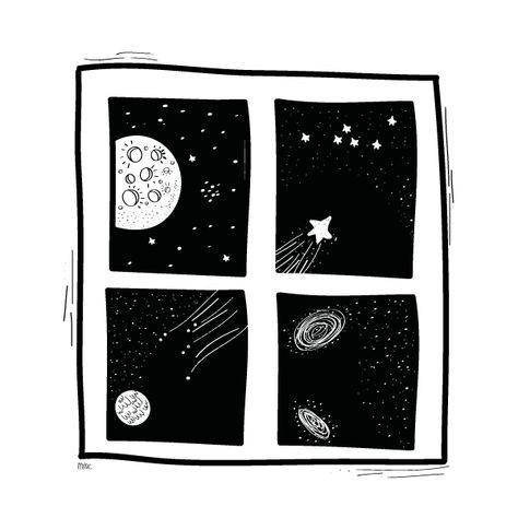 #window #universe #star #illustration Starry Tattoo, Window Sketch, Silly Doodles, Night Window, Window Drawing, Star Illustration, Moon Drawing, 2d Design, Children Book