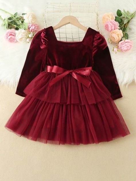 Velvet Baby Frocks, Velvet Frock For Kids, Fashion Frocks, Baby In Wedding Dress, Burgundy Party, Frocks For Kids, Mom Daughter Outfits, Stylish Baby Girls