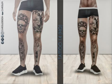 Sims 4 Leg Tattoo, Sims 4 Cc Leg Tattoos, Leg Thigh Tattoos, Sims Tattoos, Hair Tattoo Men, Tattoo Perna, Thigh Tat, Tatted Men, Sims 4 Tattoos