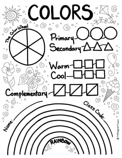 Color Theory Art Worksheet and Coloring Page by Adney's Art Room Art Worksheets Elementary, Elements Of Art For Kids, Color Theory Art Projects, Color Theory Worksheet, Line Art Projects, Elementary Art Lessons, Elementary Art Teacher, Art Sub Lessons, Elementary Art Classroom