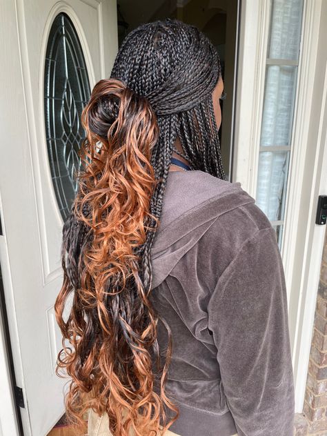 Ginger Ombre Box Braids, Feathered French Braids, Ombré Ginger Braids, French Curls Braids Mid Back, Ombré Braids With Curls, Ombré French Curl Braids, Ombre Ginger Braids, Medium French Curl Box Braids, Ombre French Curl Braids