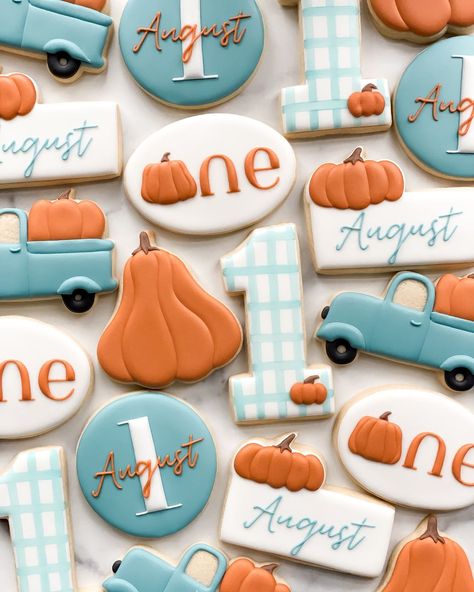 Give me all the pumpkin birthday sets 💙 #cookies #njcookies #cookiesofinstagram #decoratedsugarcookies #birthdaycookies | Instagram Fall First Birthday Cookies, Pumpkin Patch Cookies, First Birthday Boy Fall Themes, Pumpkin Is One Birthday, November Baby Birthday Ideas, Pumpkin Birthday Cookies, Fall Decorated Cookies, Fall First Birthday, Fall 1st Birthdays