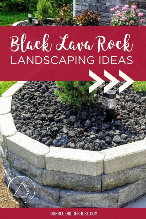 15 black lava rock landscaping ideas including water features, flower beds, walking paths, and backyard designs for ground cover... #landscaping #blacklavarock Lava Rock Flower Beds, Dark Rock Landscaping, Black Lava Rock Landscape, Landscaping With Lava Rock, Black Rock Landscaping Ideas Front Yard, Flower Beds With Black Rock, Black Rock Flower Beds, Lava Rock Landscaping, Black Rock Landscaping Ideas