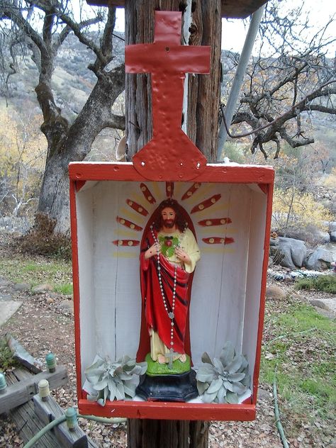 Backyard Christ shrine, constructed of a discarded wooden fruit box & tin. DSMc.2012 Altar Building, Rosary Display, Garden Shrine, Catholic Garden, Shrines Art, Wooden Fruit, Prayer Corner, Catholic Crafts, Meditation Altar