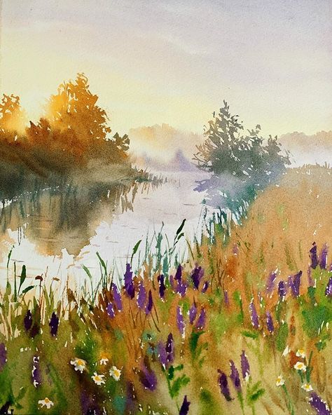 Watercolor Pixel Art, Water Colour Land Scapes, Scenery Watercolor Paintings, Watercolour Inspiration Landscape, Watercolor Art People, Water Coloring Painting, Spring Watercolor Painting, Watercolour Scenery, Watercolour Painting Ideas