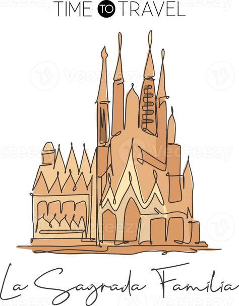 Sagrada Familia Drawing, Barcelona Drawing, Spain Drawing, Travel Sketching, Stamp Drawing, Continuous Line Drawing, Travel Sketches, Continuous Line, Famous Places