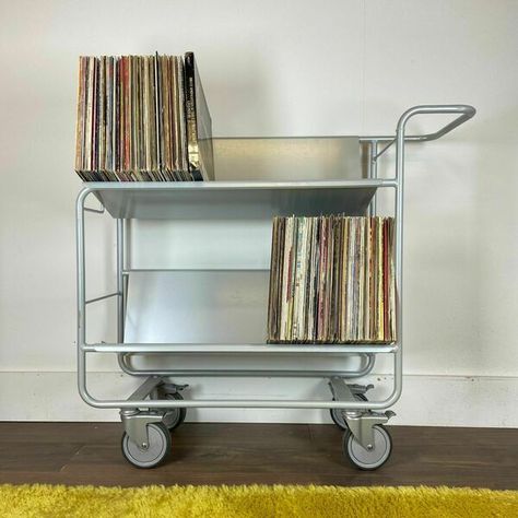 Vinyl Record Storage Metal Trolley Album Stand Cabinet Large | Vinterior Furniture Moodboard, Leaning Shelf, Drinks Trolley, Vinyl Record Storage, Record Storage, Metal Cabinet, Cool Vintage, Vinyl Record, Vinyl Records