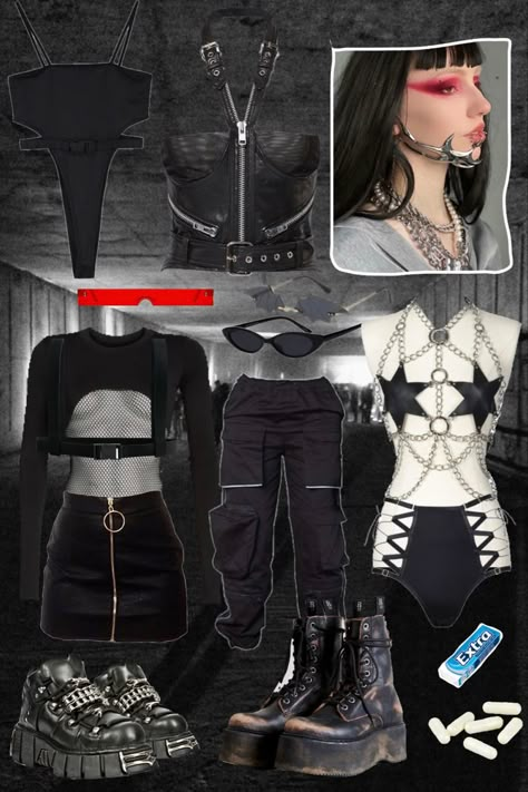 Techno Outfits Aesthetic, Techno Goth Aesthetic, European Rave Aesthetic, Berlin Fashion Aesthetic, Techno Outfit Rave Berlin, Berlin Rave Aesthetic, Berlin Techno Outfit, Techno Baddie, Emo Rave Outfit