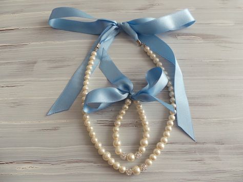 Flower Girl Jewelry Set, Baby Blue Wedding, Bridesmaid Pearl Bracelet, Baby Blue Weddings, Blue Flower Girl, Flower Girl Jewelry, Pearl Bracelet Wedding, European Street, Ribbon Wedding