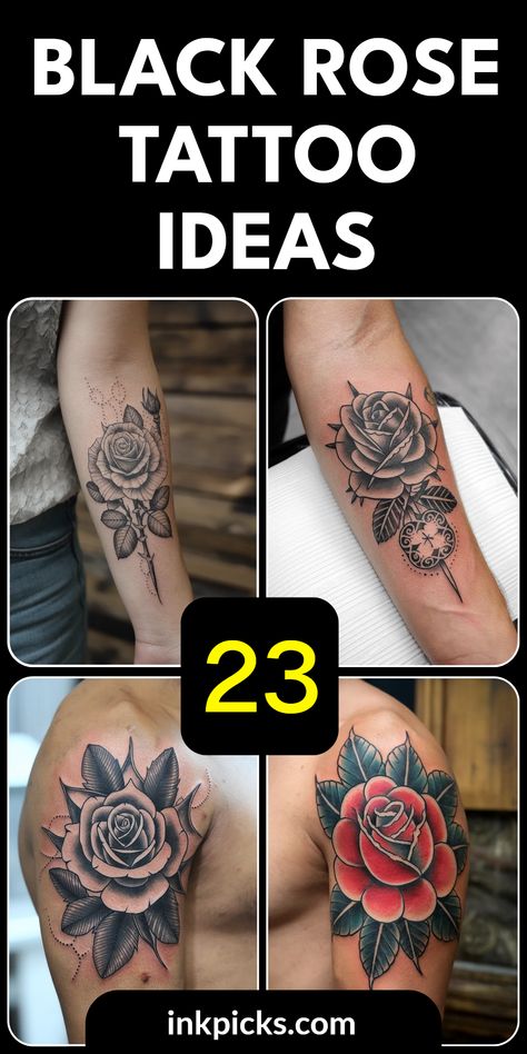 23 Black Rose Tattoo Ideas featuring stunning images of blackwork tattoos, showcasing Black and Gray roses elegantly inked on bodies. This pin highlights a range of tattoo styles, perfect for everyone looking to express emotions through body art. Roses Tatoos, Black Work Flower Tattoo, Rose Arm Tattoos, Black And Gray Rose Tattoo, Gray Rose Tattoo, Rose Tattoo Ideas For Men, Dark Rose Tattoo, Rose Tattoo Men, Black And Grey Rose Tattoo