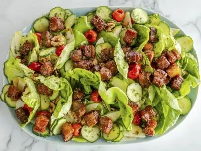 Pork Belly Crouton Salad Recipe | Ree Drummond | Food Network Pork Belly Crouton Salad Pioneer Woman, Pioneer Woman Pork Belly Croutons, Pork Belly Crouton Salad, Pork Belly Salad Recipes, Pork Belly Croutons, Pork Ideas, Crouton Salad, Ree Drummond Recipes, Hog Heaven