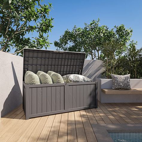 Outdoor Chest Storage, Outdoor Storage Ideas Waterproof, Pool Storage Box, Patio Cushion Storage, Bamboo Window Shades, Outdoor Pool Furniture, Front Porch Furniture, Pool Storage, Plastic Decking