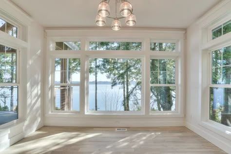 Windows You Can See Out But Not In, Lake View Windows, Window With Transom Above, Picture Window With Side Windows, Huge Windows Living Room, Large Living Room Window Ideas, Beach House Windows, Stacked Windows, Picture Windows Living Room