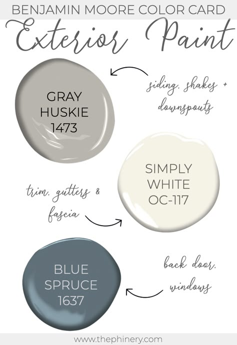 Benjamin Moore Gray Huskie, Benjamin Moore Simply White, White Exterior Paint Colors, Benjamin Moore Exterior, Exterior Gray Paint, Exterior Paint Schemes, White Exterior Paint, Benjamin Moore Gray, Outside Paint