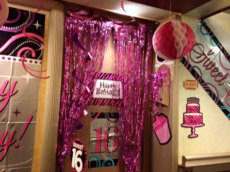 Cruise Ship Birthday Door Decorations, Cheer Camp Room Decorations, Cruise Door Birthday Decorations, Cruise Room Decorations, Cheer Camp Door Decorations, Ideas For Sweet 16, Birthday Door Decorations, Sliding Glass Door Coverings, Glass Door Coverings