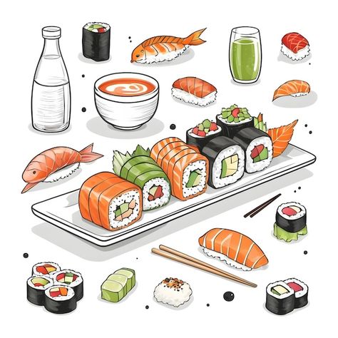 Photo sushi sketch poster pack | Premium Photo #Freepik #photo Sushi Images, Sushi Sketch, Nutrient Food, Sushi Poster, Sushi Illustration, Sushi Drawing, Clean Art, Sketch Poster, Sushi Platter