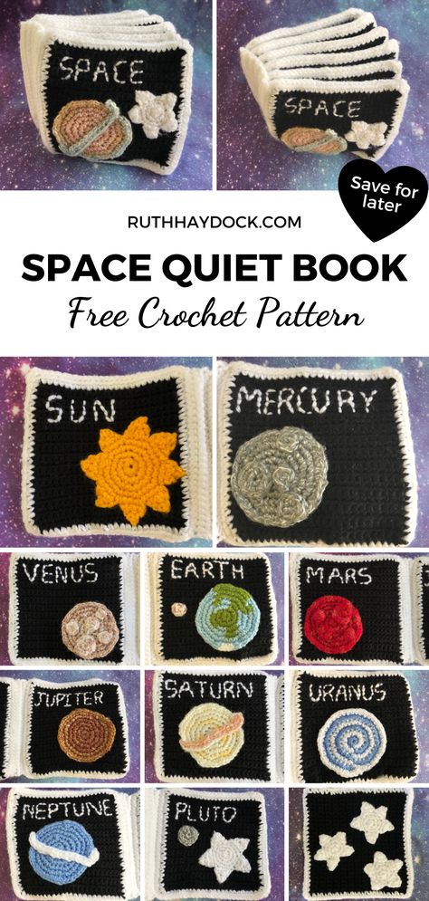 Planet Crochet Granny Square, Free Space Crochet Patterns, Space Granny Square Crochet, Crochet Spaceship Pattern Free, Planet Granny Square, Science Crochet Pattern, Crochet Baby Book Free Pattern, Crochet Busy Book, Crochet Space Blanket