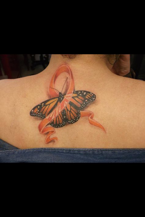 MS butterfly Orange Ribbon Tattoo, Multiple Sclerosis Tattoo, Crohns Tattoo, Survivor Tattoo, Awareness Tattoo, Ribbon Tattoos, Tattoos Skull, Tattoo Desings, Orange Ribbon