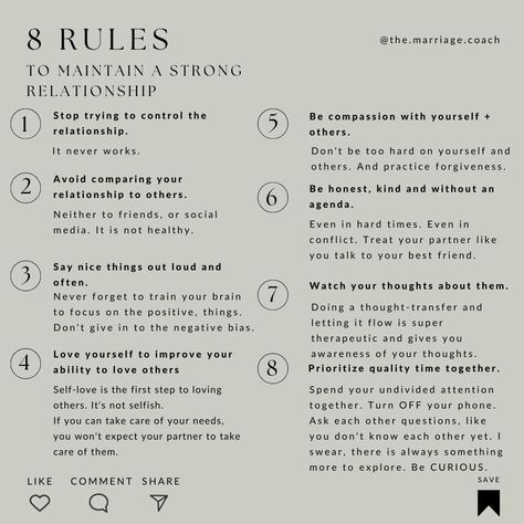 🌟 8 RULES FOR A STRONG RELATIONSHIP 1️⃣ Let go of control 2️⃣ Avoid comparisons 3️⃣ Speak words of love ... Becoming more conscious, aware of what we have already, and not was we are missing out on is key. Be thankful what your partner is doing, and say it. #positiveoutlook #consciousrelationship #marriagetruth #selfdevelopment #bestversion Couple Rules Relationships, Being A Conscious Partner, Relationship Pros And Cons List, Contempt In Relationship, Pro And Cons List Relationship, Rules For Marriage, Marriage Expectations List, Rules For Relationships Couple, 3 Month Rule Relationship