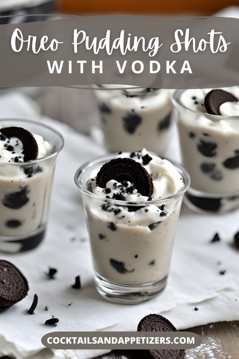 Oreo cookie pudding shots are made with chocolate vodka, Cool Whip and Oreo pudding mix. Garnish with a Mini Oreo. An easy cocktail recipe with a twist! Boozy adult pudding shots perfect for Fall cocktail parties, summer drink parties and weekend entertaining. Party shots, vodka pudding shots, oreo cookie desserts. Oreo Pudding Shots Alcohol, Cookies And Cream Pudding Shots, Chocolate Pudding Shots Alcoholic, Pudding Shots With Vodka, Oreo Cocktail, Sugar Cookie Shots, Oreo Pudding Shots, Vodka Pudding Shots, Oreo Cookie Desserts