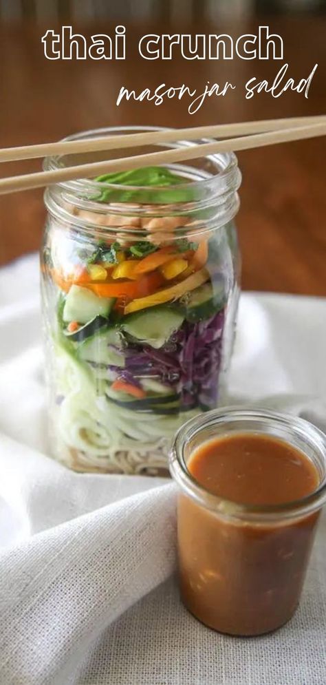 This Thai crunch mason jar salad combines hearty noodles with crunchy vegetables and peanuts plus an amazing peanut dressing that you’ll want to eat on its own. Make this salad on prep day and enjoy it hot or cold when hunger calls. Mason Jar Meal Prep, Thai Crunch Salad, Mason Jar Lunch, Mason Jar Recipe, Salad Jar Recipe, Cilantro Pesto, Thai Salad, Jar Salad, Thai Salads