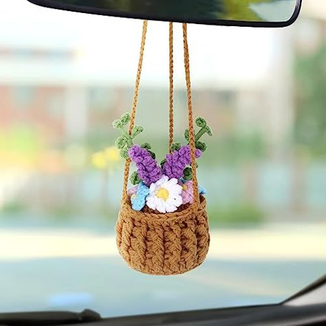 Vansolinne Cute Car Accessories Crochet Car Hanging Basket for Rearview Mirror Decor Plant Flower Car Accessories Interior Aesthetic Plant Lovers Gifts for Women and Men Drivers Car Hanging Accessories Crochet, Crochet Rearview Mirror Decoration Free Pattern, Crochet Car Mirror Hanging Pattern Free, Crochet Car Hanger Free Pattern, Crochet Rearview Mirror Decoration, Crochet Car Mirror Hanging, Crochet Car Hanger, Crochet Car Hanging, Car Accessories Crochet