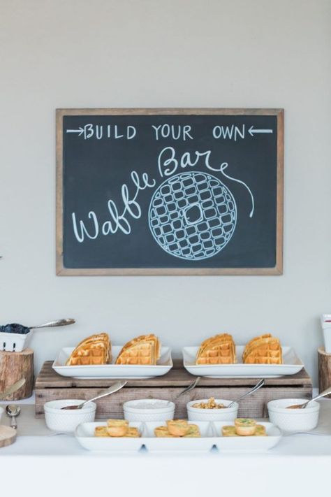 A Build Your Own Waffle Bar from @cydconverse Wedding Food Bars, Party Food Bar, Wedding Cake Servings, Waffle Bar, Donut Bar, Dessert Bar Wedding, Whimsical Woodland, Breakfast Party, Food Bar