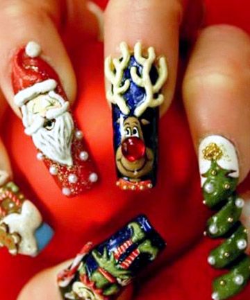 That Christmas tree is crazy! Santa Nail Art, Pretty Nail Polish Colors, Santa Nails, 3d Nail Designs, Holiday Nail Designs, Sweater Nails, Christmas Nail Art Designs, Nail Art Sticker, Holiday Nail Art